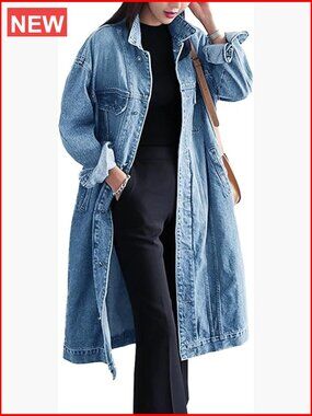 Plus Size Loose Long Sleeve Button Down Denim Trench Coat